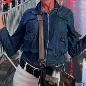 Voice NYC Chambray Denim Zip Jacket Multi Pockets Smocked Fit Waist Button Cuffs